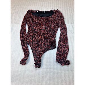 Lulus Womens Medium Black Orange Floral Long Sleeve Bodysuit